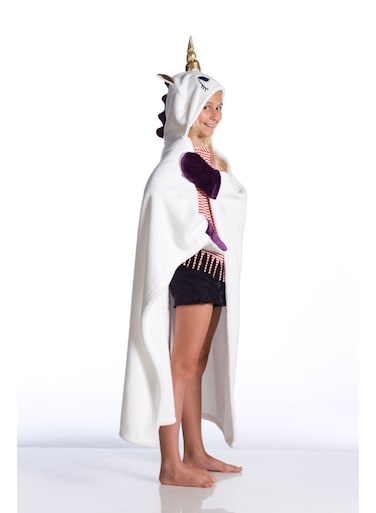 Wearable Blanket   Wearable Fleece Blanket for Kids w/ Cape, Hood, Gloves, Soft, Comfy, Warm, Fun, Machine Washable, for Kids Teenagers size 100 x 130cm - White Unicorn