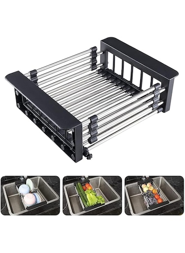 Arabest Extendable Over the Sink Stainless Steel Colander Fruits and Vegetables Drain Basket Adjustable Strainer Sink Washing Basket Dish Drying Rack (M, Black)