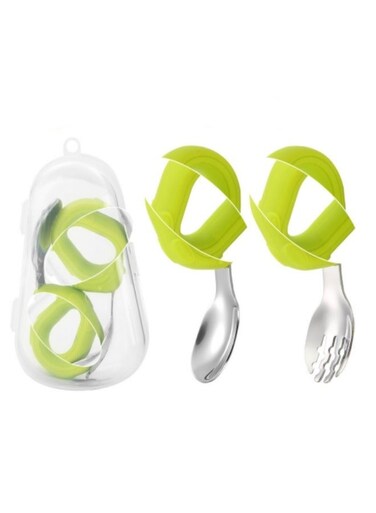 304 Stainless Steel Fork And Spoon Set Silicone Handle Food Supplement Spoon Set With Storage Box Green
