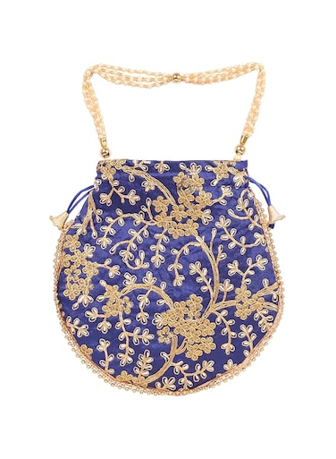 Touchstone Traditional Indian Hand Embroidered Shopping Gifts Jewelry Wedding Faux Pearls Strings Drawstring Bag for Women., Royal Blue 8.5"x8