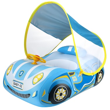 Swim Bobo Baby Swimming Float Inflatable With Sun Protection Canopy - Blue Car