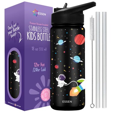 ESSEN Kids Water Bottle Stainless Steel for School Boys with Straw Vacuum Insulated Water Bottle BPA-Free Leak-Proof Baby Toddler Water Bottle Double Walled Bottle for Kids &ndash; 532 ml/18 oz(Space)