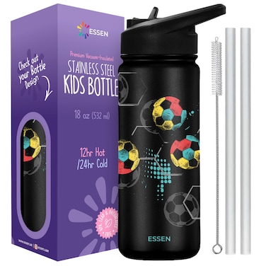 ESSEN Kids Water Bottle Stainless Steel for School Boys with Straw Vacuum Insulated Water Bottle BPA-Free Leak-Proof Baby Toddler Water Bottle Double Walled Bottle for Kids &ndash; 532 ml/18 oz(Football)