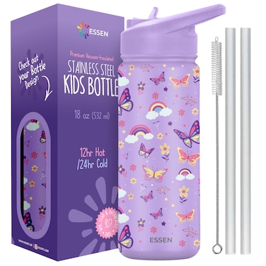 ESSEN Kids Water Bottle Stainless Steel for School Girls with Straw Vacuum Insulated Water Bottle BPA-Free Leak-Proof Baby Toddler Water Bottle Double Walled Bottle for Kids &ndash; 532 ml/18 oz(Butterfly)