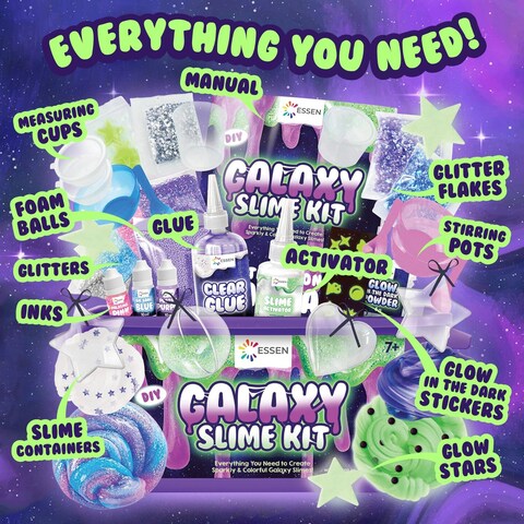 ESSEN Galaxy Slime Kit Glow in the Dark DIY Slime Making Kit Make Your Own Slime Galaxy Set Toys for Kids Girls Boys Birthday Gift Toy DIY Butter Slime Fluffy Arts Crafts Set with 33 Accessories