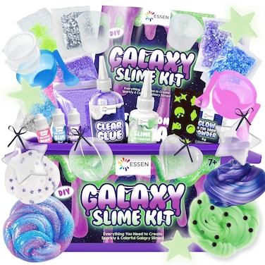ESSEN Galaxy Slime Kit Glow in the Dark DIY Slime Making Kit Make Your Own Slime Galaxy Set Toys for Kids Girls Boys Birthday Gift Toy DIY Butter Slime Fluffy Arts Crafts Set with 33 Accessories