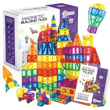 ESSEN Magnetic Tiles 122 PCS Building Blocks Magnet Toys for Kids Toddlers Educational Toys STEM Building Blocks 3D Magnet Puzzles Stacking Blocks for Boys Girls Set with 2 Cars and Ideas Book