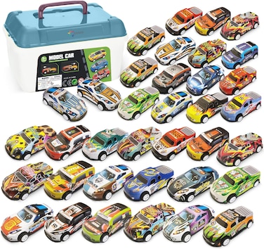 ESSEN 36 Pcs Pull Back Race Toy Cars Set Party Favors with Map and Storage Box for Kids Boys Girls Toddlers