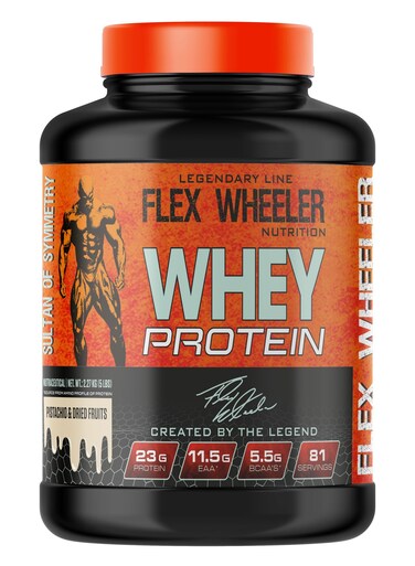 Flex Wheeler Nutrition 100% Premium Whey Protein - Pistachio &amp; Dry Fruits, 2.27kg (81 Servings)