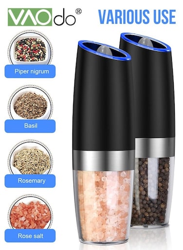 2PCS Electric Pepper and Salt Grinder Set, Pepper and Salt Grill, One-hand Automatic Operation, Adjustable Coarseness Grinder with LED Light Black 5.08*19.69CM