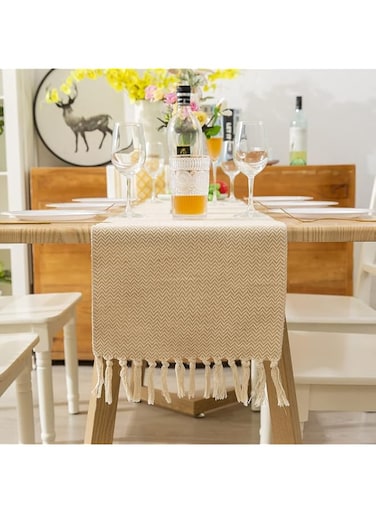 YHRY Linen Table Runner, 33x180cm Boho Handmade Tassel Embroidered Table Runners, Natural Burlap Table Runner with Tassels, for Holiday Party, Wedding and Dining Decorations, Flaxen