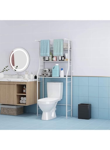 ALMEKAQUZ Bathroom Space Saver, 3 Shelf Over The Toilet Rack, Bathroom Corner Stand Storage Organizer Accessories, The Washing Machine, with Hanging Rod,Bathroom Tower Shelf, White (Bathroom Shelf)