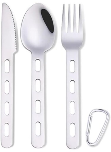 Camping Cutlery Set, 4 Pcs Stainless Steel Camping Fork Spoon Cutter Set with Carabiner, Reusable Utensils, Travel Flatware Set for Hiking, Picnic, Outdoor Backpacking, Silverware
