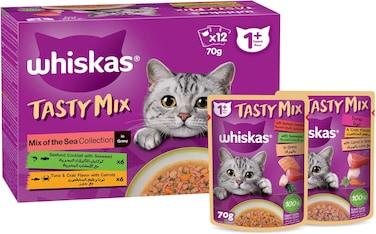 Whiskas Tasty Mix, Mix of the Sea Collection in Gravy, Pack of 12x70g, Wet Cat Food, Seafood Cocktail and Tuna and Crab