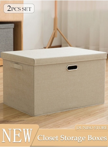 2pcs Wardrobe Clothes Organizer Cubes with Lids Foldable Fabric Decorative Storage Box Bins Organizer Containers Baskets with Cover Handles Divider for Bedroom Closet Living Room