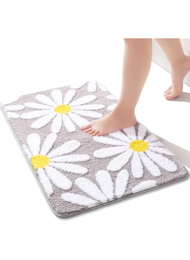 QJHOMO Gray Bathroom Rugs Cute Daisy Bath Mat White and Yellow Flower Decor Rug Non Slip Floor Carpet Microfiber Bathmat Super Absorbent Machine Washable Bathtub Mats for Shower (16x24 inch)