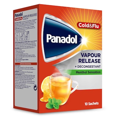 Panadol Cold &amp; Flu Vapour Release + Decongestant Sachets With Hot Lemon &amp; Honey, Menthol Sensation, Pack of 10&rsquo;s