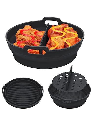 Azonee Air Fryer Silicone Liner, 8.5Inch Air Fryer Silicone Liner Foldable Round Silicone Air Fryer Liner with Divider Non-Stick Reusable Air Fryer Liner for 5qt to 8qt Air Fryer (Black)