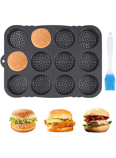 Hamburger Bun Pan,12 Cavity Non Stick Baking Pan with Oil Brush for Bread,Perforated Hamburger Bread Mold,Deep Dish Cookie Pan for Homemade Hamburger Buns，Silicone Hamburger Bun Mold