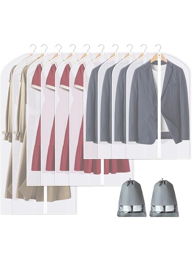 Perber Hanging Garment Bag Lightweight Clear Full Zipper Suit Bags (Set of 10) PEVA Moth-Proof Breathable Dust Cover for Closet Clothes Storage -White 24''40/48''/ 55''