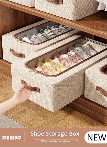 Shoe Storage Box Waterproof &amp; Foldable, Shoe Organizer for Closet, Clear Linen Stackable, Collapsible Shoe Storage Organizer for Closets, Entryways, Under Beds 2 Zipper Opening