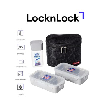 LocknLock 6-pcs Insulated Lunch Bag Set &ndash; Black, Airtight, BPA-Free Containers with Water Bottle