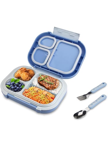 MUMOO BEAR Plastic Lunch Box Leakproof Bento Box Lunch Container with Fork and Spoon for Kids School Microwave Heating, 652 (Blue)