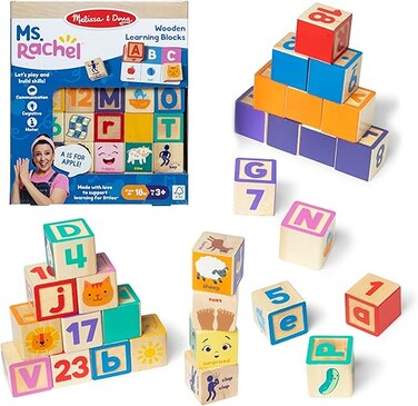 Melissa &amp; Doug Ms. Rachel Wooden Learning Blocks &amp; Activity Cards, 30 Alphabet &amp; Number Blocks With 14 Double-Sided Cards, Stack, Match &amp; Learn Educational Toy for Toddlers Ages 18 Months+