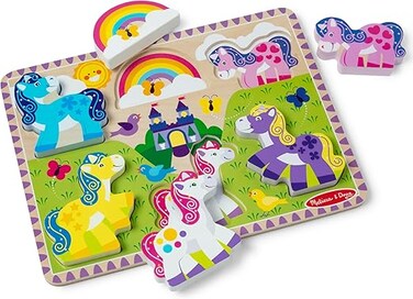 Melissa &amp; Doug Unicorn Chunky Puzzle &ndash; 6-Piece Wooden Unicorn &amp; Rainbow Puzzle With Stand-up Pieces, Matching Pictures Underneath, Early Learning &amp; Fine Motor Development Toy for Toddlers 2+