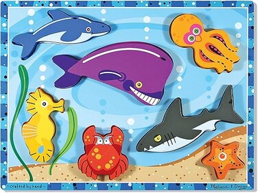 Melissa &amp; Doug Sea Life Chunky Puzzle &ndash; 7-Piece Wooden Ocean Creature Puzzle With Stand-Up Pieces, Matching Pictures Underneath, Early Learning &amp; Fine Motor Skill Builder for Toddlers 2+
