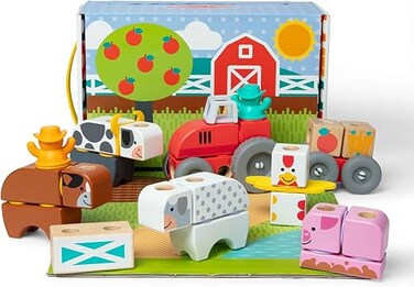Melissa &amp; Doug Blockables Farm Play Set, 56 Connectable Wooden Blocks With Farm Animals, Tractor, Trailer &amp; Felt Accessories, Compatible Snap &amp; Stack Construction Toy for Kids Ages 2+