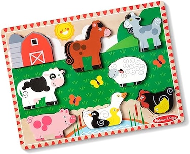 Melissa &amp; Doug Farm Chunky Puzzle &ndash; 8-Piece Wooden Farm Animal Puzzle With Barn &amp; Matching Illustrations, Stand-Up Pieces, Early Learning Toy for Toddlers &amp; Preschoolers, Ages 2+