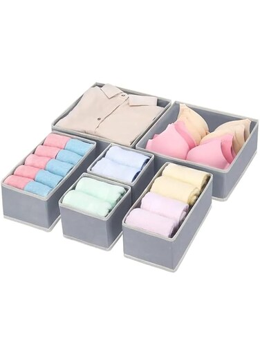 Foldable Cloth Storage Box Closet Dresser Drawer Organizer Fabric Baskets Bins Containers Divider with Drawers for Clothes, Underwear, Bras, Socks, Lingerie, Clothing, Set of 6 (Dark Grey)