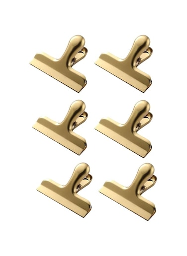 Tazweeq 6 Pcs Stainless Steel Paper Clips, Heavy Duty Grocery Bag Clips, Sealing Clips, Metal Hinged Clips, Folders for Coffee Food, Bread Bags, Kitchen and Office,Gold