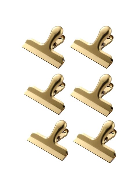 Tazweeq 6 Pcs Stainless Steel Paper Clips, Heavy Duty Grocery Bag Clips, Sealing Clips, Metal Hinged Clips, Folders for Coffee Food, Bread Bags, Kitchen and Office,Gold