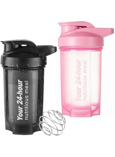 EYSOO Protein Shaker Bottle 2 Pack 500ml / 17oz Shaker Bottle for Protein Mixes Leakproof Protein Shaker BPA Free Gym Shaker Cup (Black &amp; Pink)