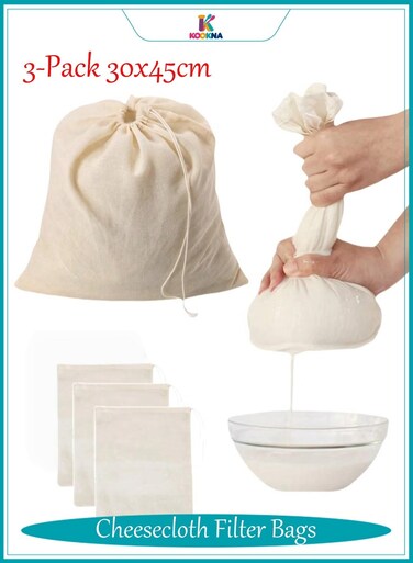 Cheesecloth Filter Bags 3-Piece, Cotton Mesh Strainers, Extra Large Nut Milk Filter Bags 30x45 cm, Reusable Straining Bags for Large Batches and Home Brewing, Set of 3