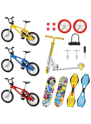 SYDA 18 Pcs Mini Finger Toys Set ,Fingerboard Skateboards Bikes Ripstik Scooter Tiny Swing Board Deck Fingertip Movement Bike Party Favors for Kids as Gifts Replacement Wheels and Tools