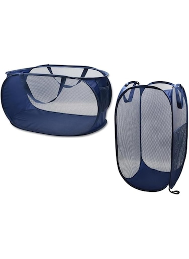 ZEKAROUL Mesh Laundry Basket, Mesh Pop-up Laundry Basket with Side Pockets for Laundry Rooms/Bathrooms/Dormitories/Travel (Dark Blue 2PCS)