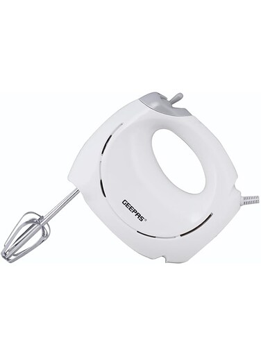 Geepas 150W Hand Mixer- 2 beaters and dough hooks- Professional Food &amp; Cake Mixer for Baking 7 Speed Function, Includes Chrome Extra Long Hooks White GHM989