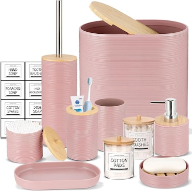 10 Piece Pink Bamboo Plastic Bathroom Accessories Set