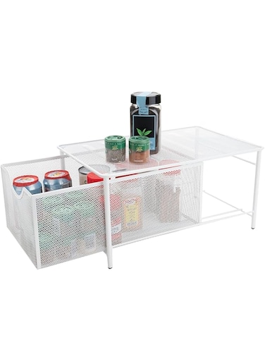 Mind Reader Storage Basket and Organizer [METAL MESH] 3-Compartment Pull-out/Sliding Organizing Drawer, Under the Sink Kitchen and Bathroom Shelf Cabinet (WHITE)