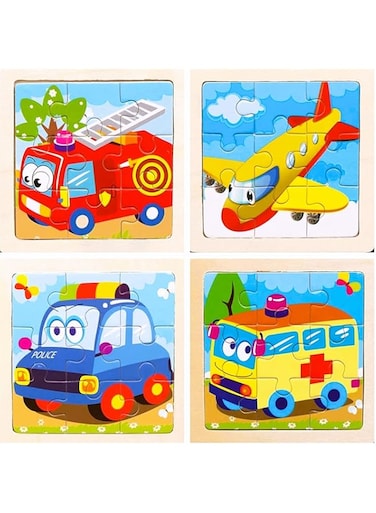 Wooden jigsaw puzzle for kids, pack of 4 puzzles set (Police car, airplane, fire truck &amp; ambulance bus) for toddlers and kids. Children's early learning &amp; educational toys