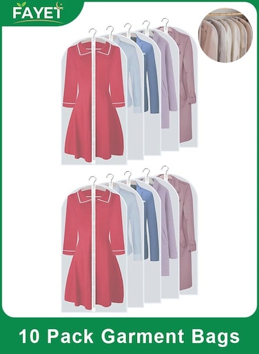 10 Pack Breathable Hanging Garment Bags, Full Zipper Dust &amp; Water Resistant Covers for Suits, Dresses, Gowns, Costumes