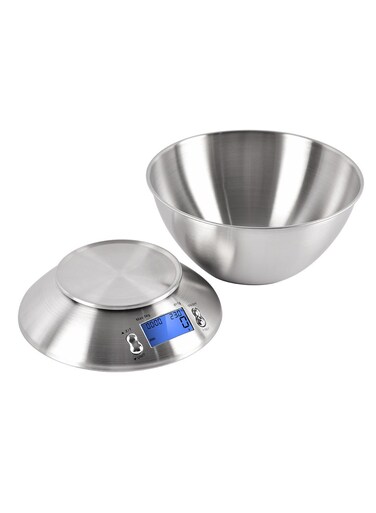 Steel Kitchen Scales Electronic Stainless Steel Food Scale with Bowl Digital Kitchen Scale with LCD Display and Ambient Temperature Sensor(Silver-5KG/1G)