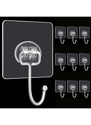 HANGMAI 10-Pack Large Adhesive Hooks for Hanging Heavy Duty 37lbs, Walls Hooks for No Damage, Towel Sticky Clear Hooks, Waterproof, Home, Bathroom, Kitchen, Office, and Outdoor