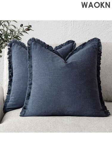 Set of 2 Decorative Linen Fringe Throw Pillow Covers , Cozy Boho Farmhouse Cushion Cover with Tassels Soft Accent Pillowcase , suitable for Couch Sofa Bed Living Room Home Decor , soft and comfortable , 45&Atilde;&mdash;45 cm , Blue .