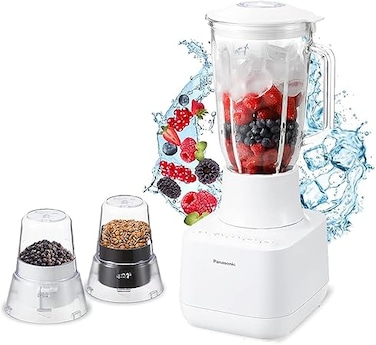 Panasonic Blender 700W Ice Crushing Smoothie Maker, 2L Glass Jug, 2 Dry Mills, Durable Sawtooth Blades, White, MX-MG5321WTZ