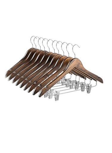 10-Piece High Grade Wooden Pants Hanger With Metal Clips Brown