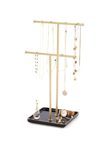Lolalet Necklace Holder, Jewelry Display Stand with Ceramic Base Tray Jewelry Organizer Tree for Necklaces Bracelets Earrings Rings -Black, 2 Tiers